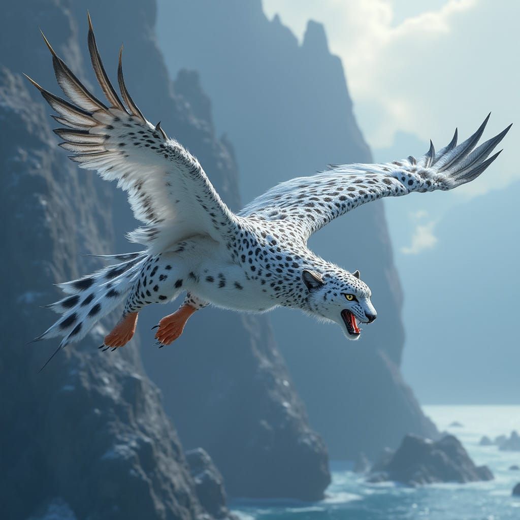 Fantastical Griffin Takes Flight on Stormy Coast