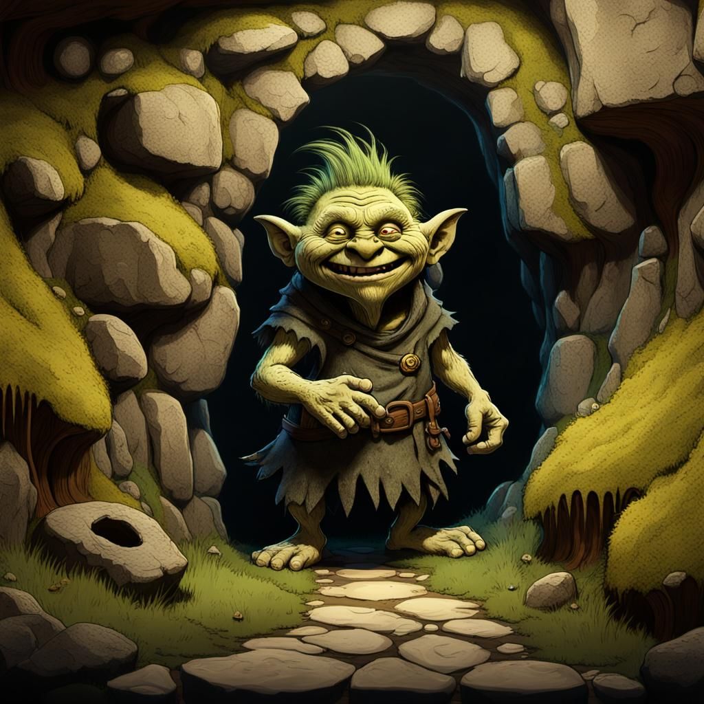 Chibi Troll Laughing in Cave, Whimsical Matte Painting