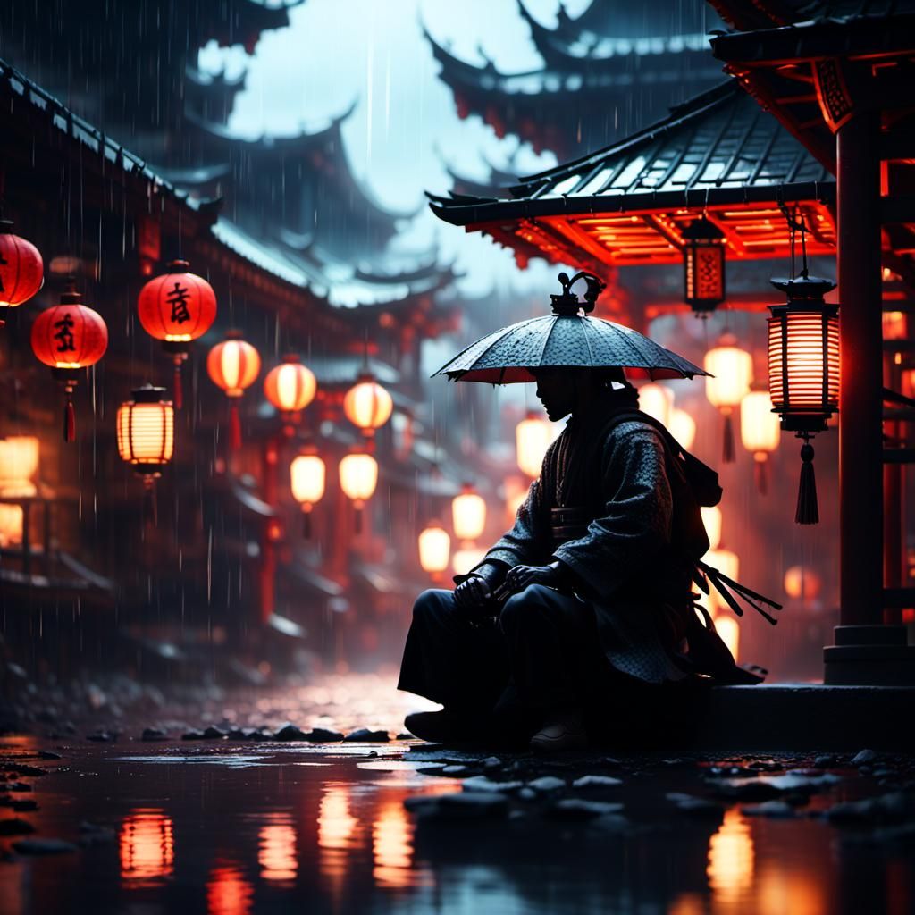 Samurai in Rainy Chinatown, Digital Art