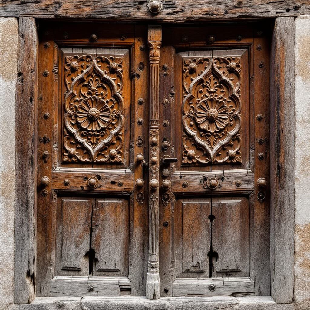 Weathered 18th Century Carved Wooden Doors Showing Age