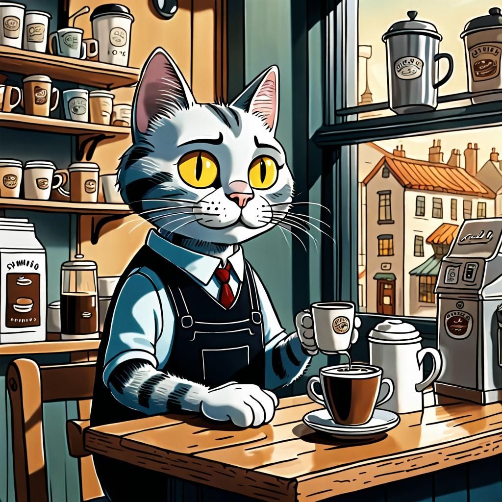 Cartoon Cat Barista Serving Coffee