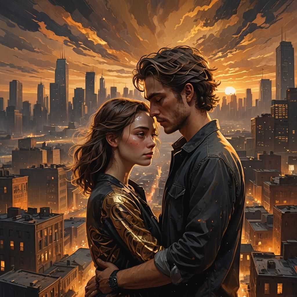 Couple Embrace in Ominous Cityscape, Concept Art