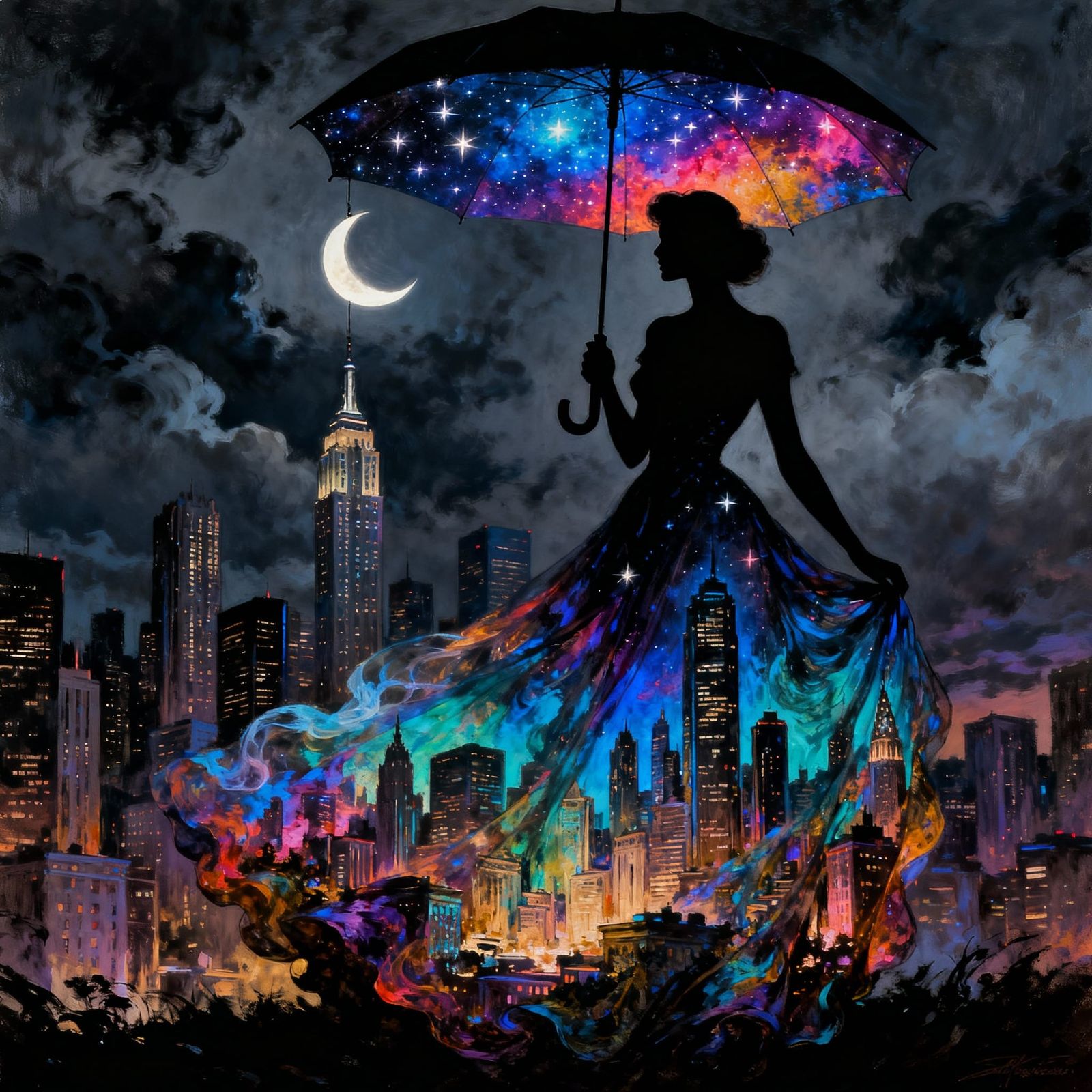 Woman with Starry Umbrella and City Dress in Dark Fantasy