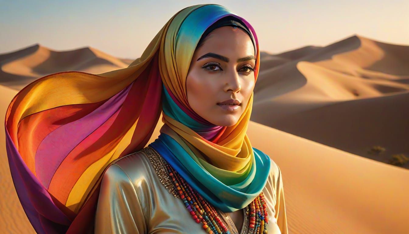 Vibrant Fashion Portrait in Desert with Rainbow Colors