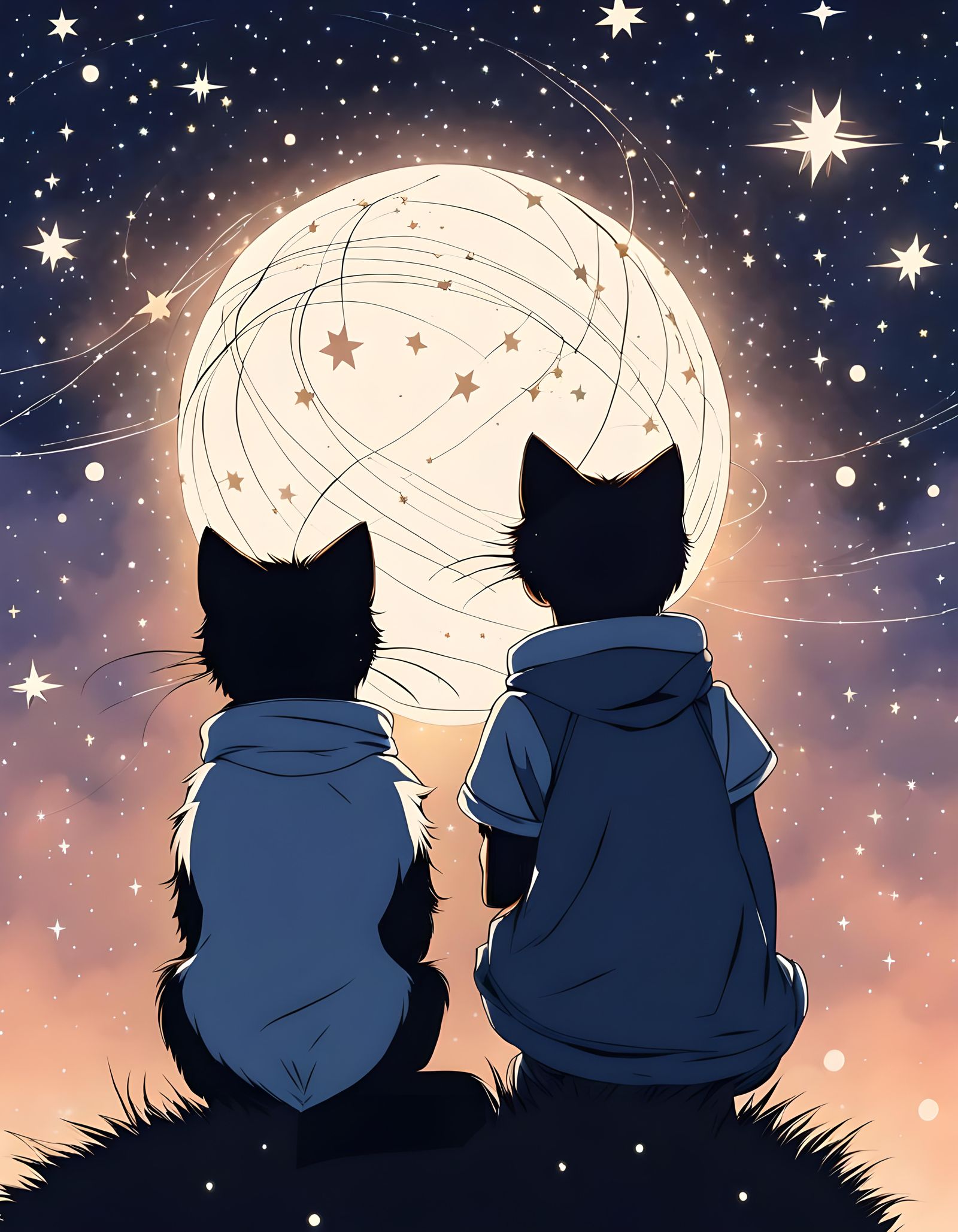 Feline Siblings Watch Kitten Constellation in Anime Style
