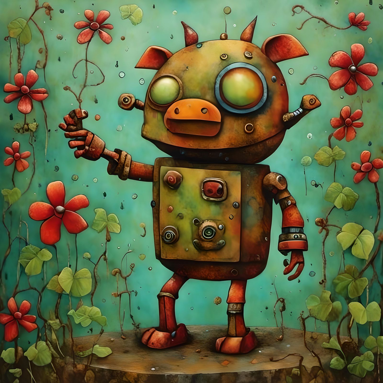 Steampunk Robot Pig Action Hero in Watercolor