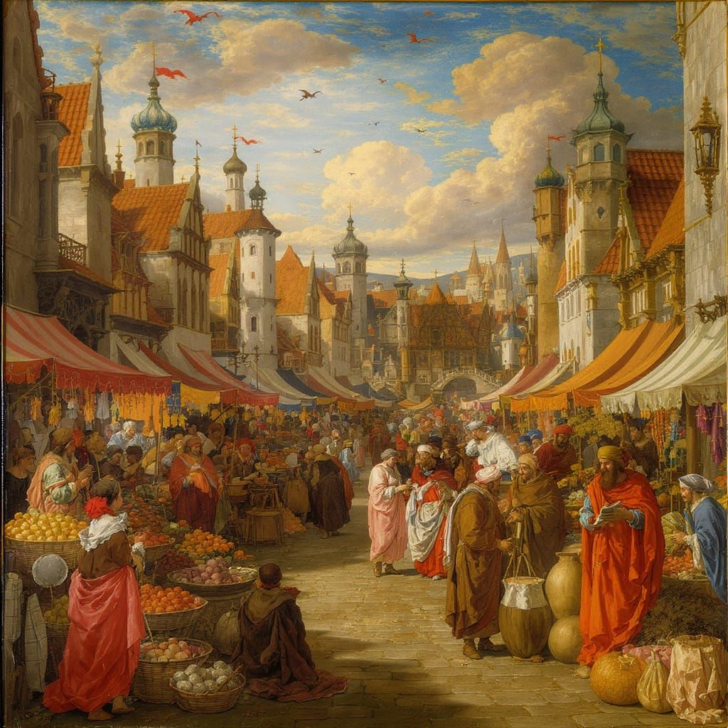 Lively Medieval Marketplace Scene in Bruegel Style
