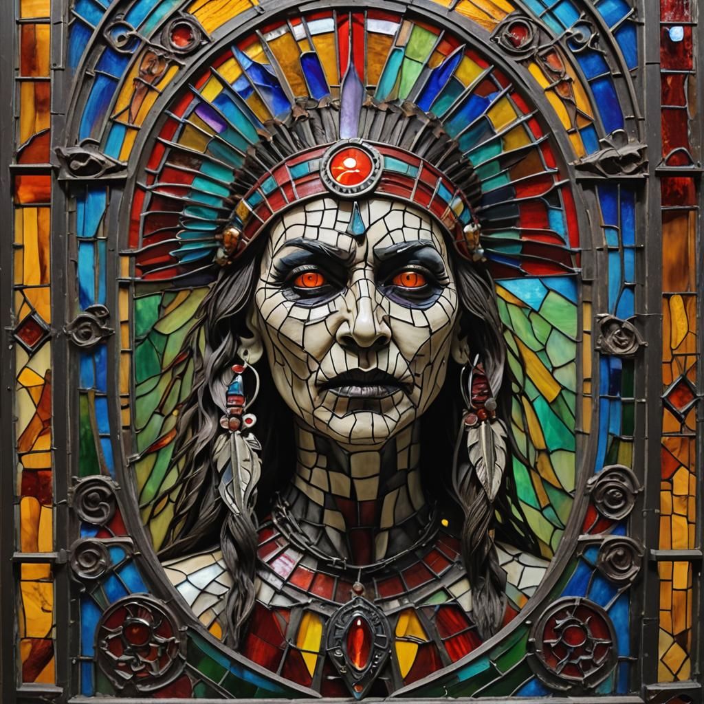 Native American Pinhead in Stained-Glass Window