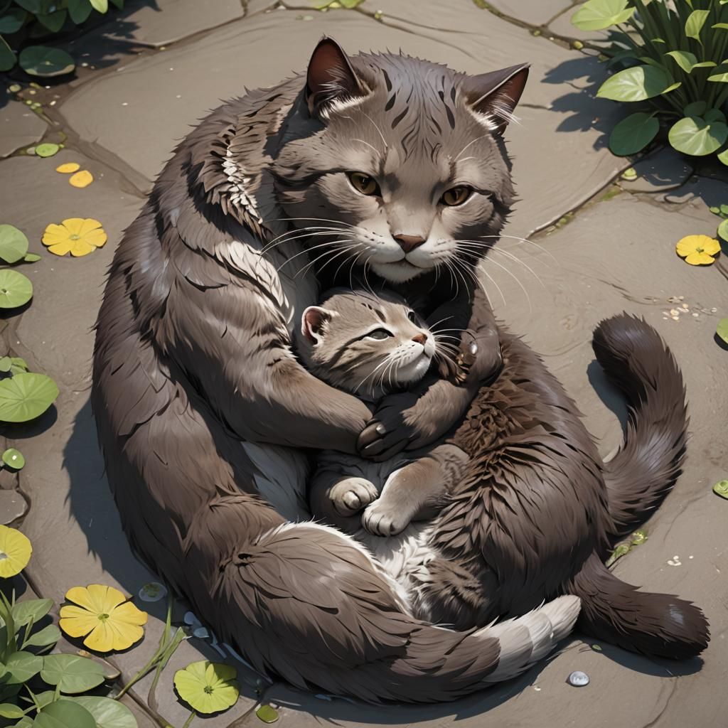 Cat and Otter Hug in 3D Anime Style
