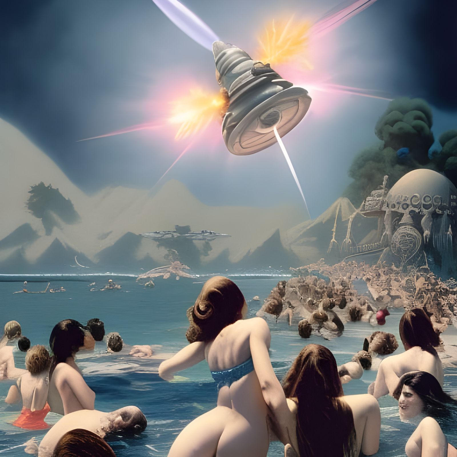 Spacecraft Over Pool Party in Frazetta Style