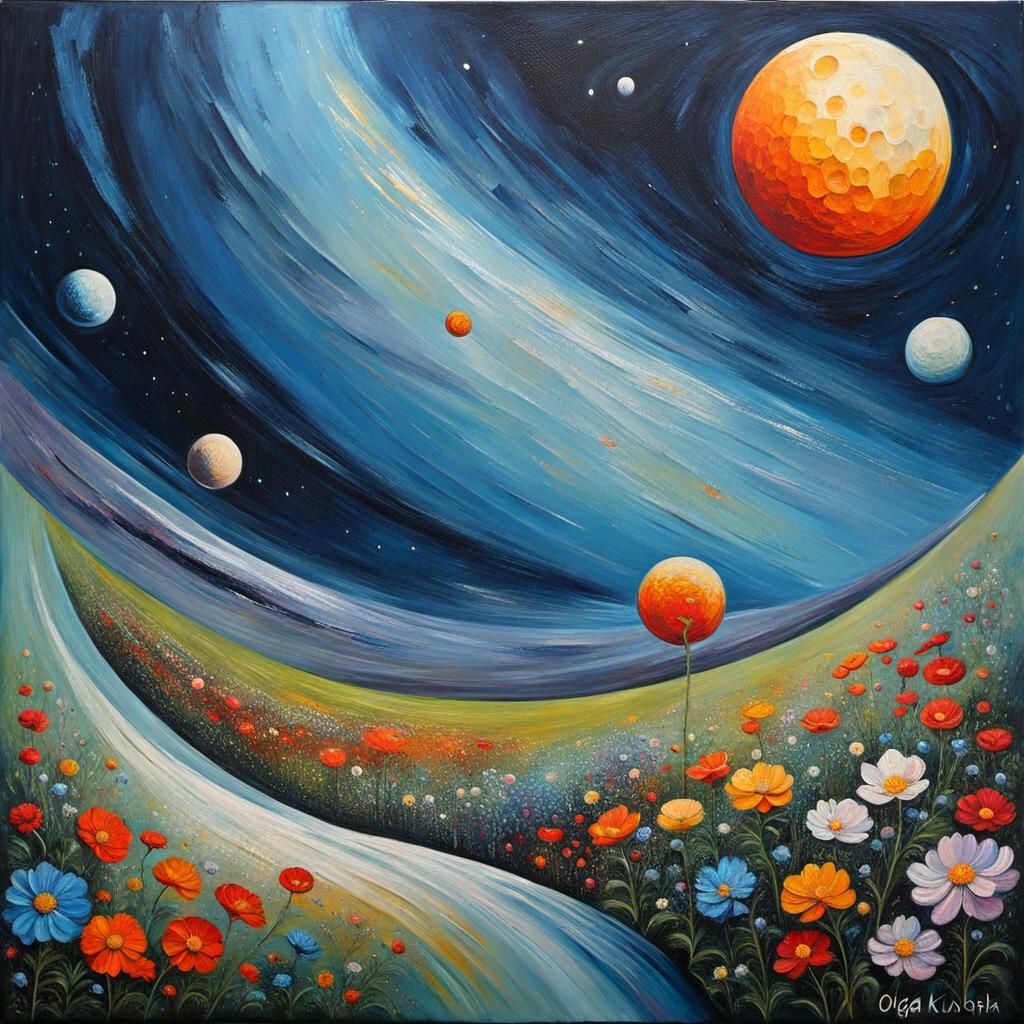 Surreal Funambulist Balances on Cosmic Moonscape in Impasto