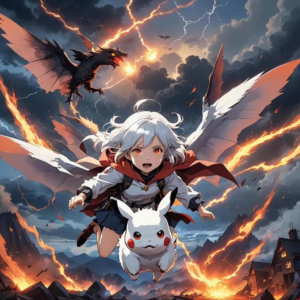 Vampire Girl on Pikachu in Volcanic Anime Scene