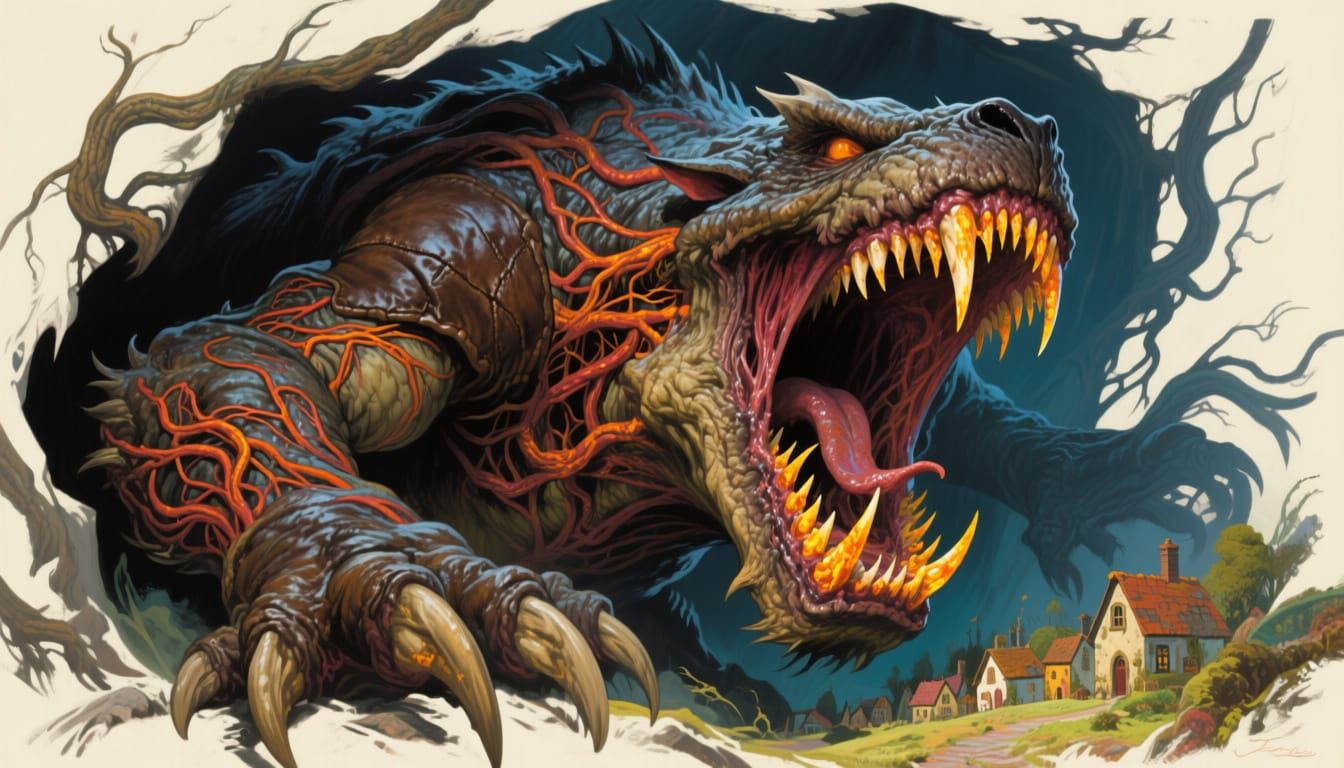 Colossal Maw Monster Devouring Village in Fantasy Art Style