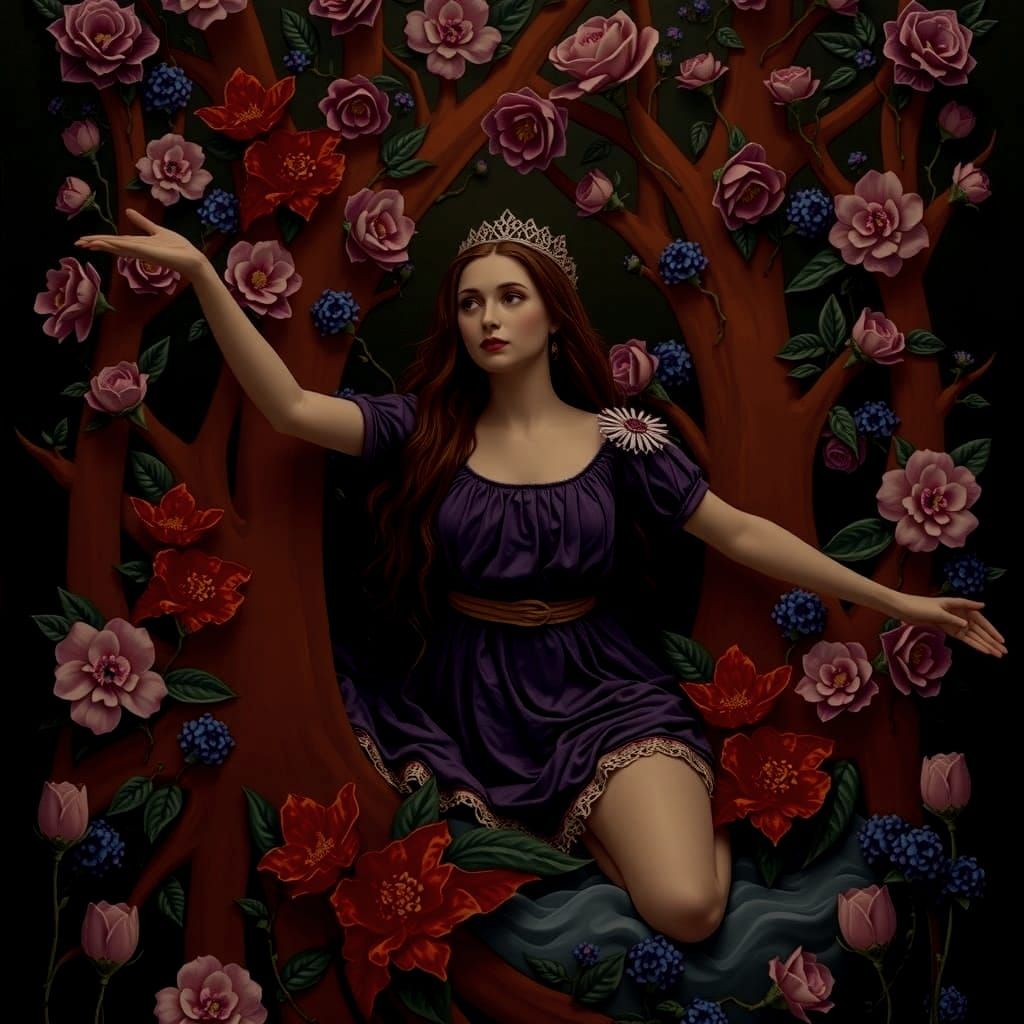 Surreal Figure in Yellow Dress in Garden of Earthly Delights