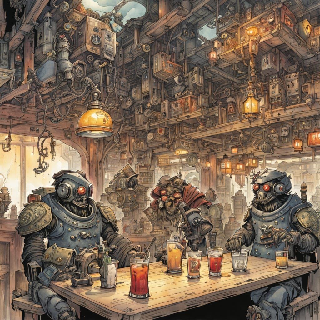 Robot Buccaneer in Alien Tavern, Ink Watercolor Sketch