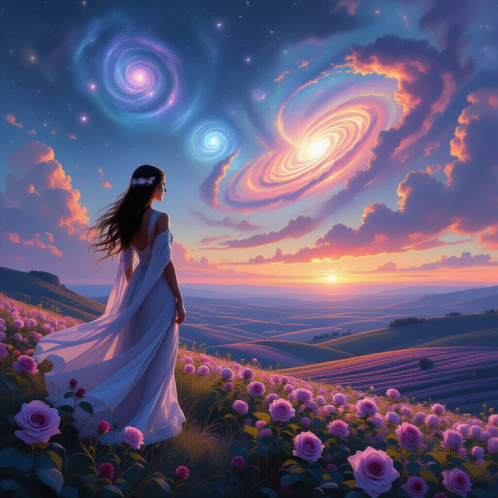 Martian Woman Overlooks Rose Field in Art Nouveau Style