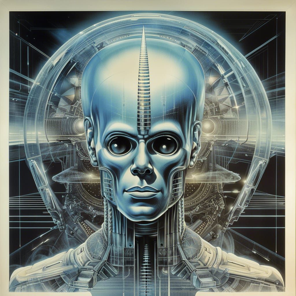 Retro sifi poster of a man with a transparent alien head, and metal body. On top of the head has a pyramid of orbits. 3D...