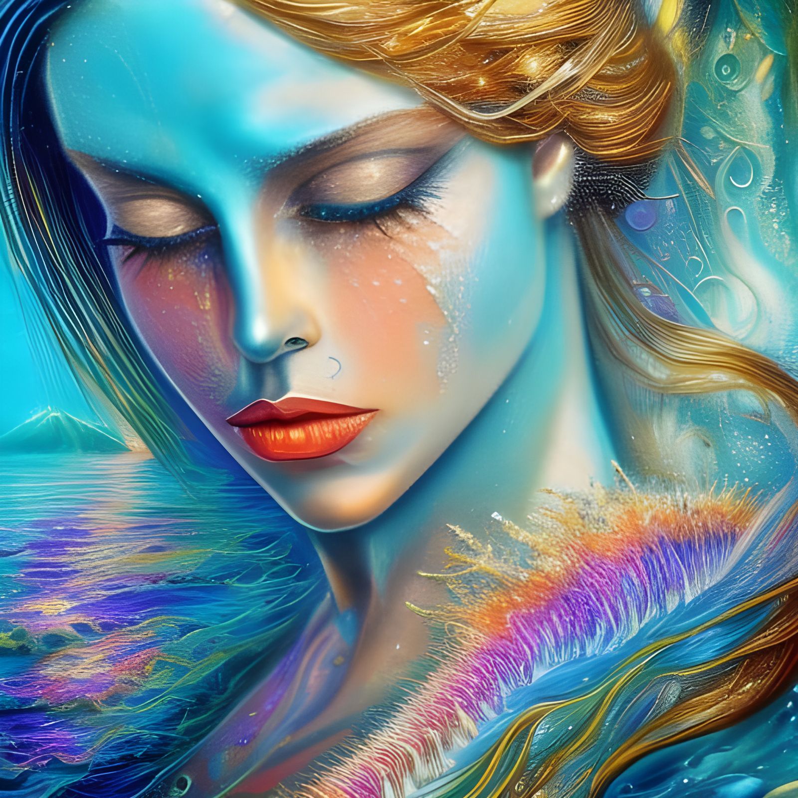 Textured Seascape with Beautiful Lady in Digital Art
