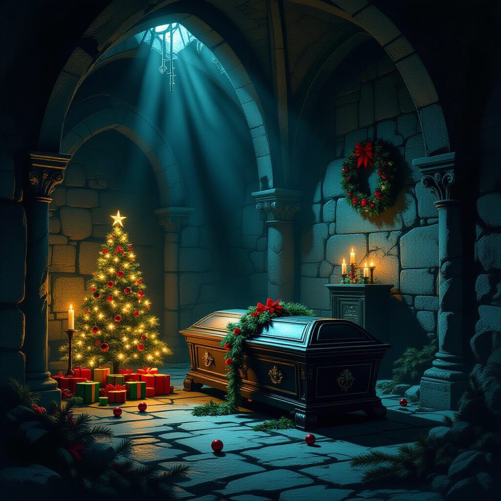 Christmas Crypt: Eerie Holiday Scene with Coffin