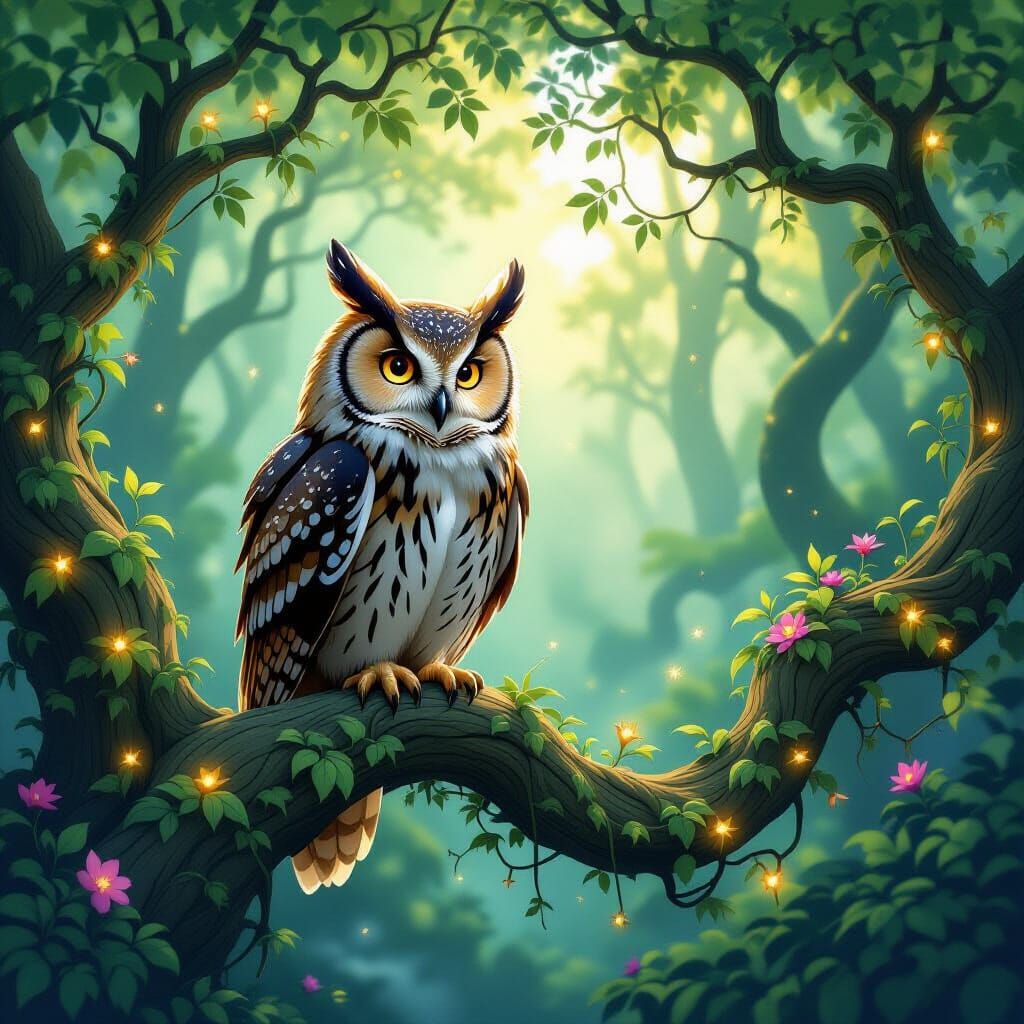 Wise Owl in Enchanted Art Nouveau Forest