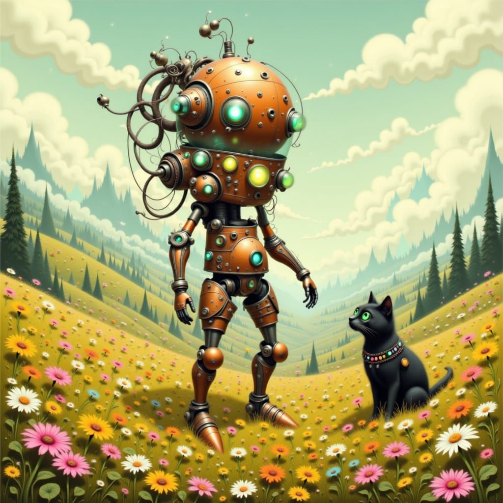 Steampunk Robot in Surreal Landscape, Digital Art