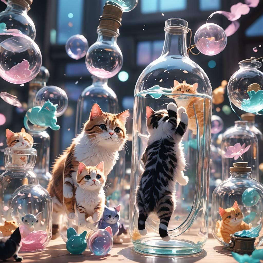 Cats in a Bottle: 3D Anime Art