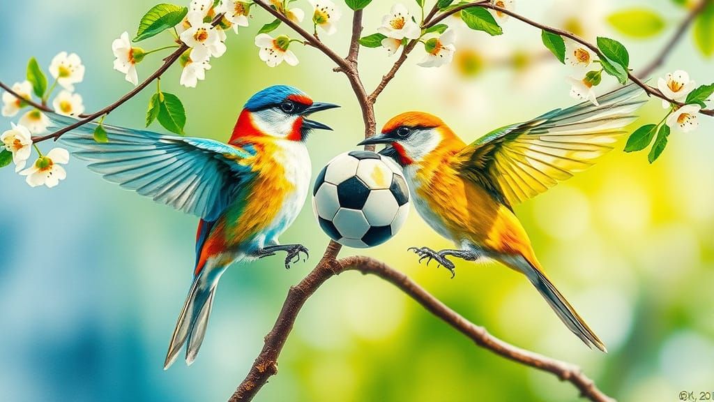 Birds of Soccer and Tile in Gouache Style