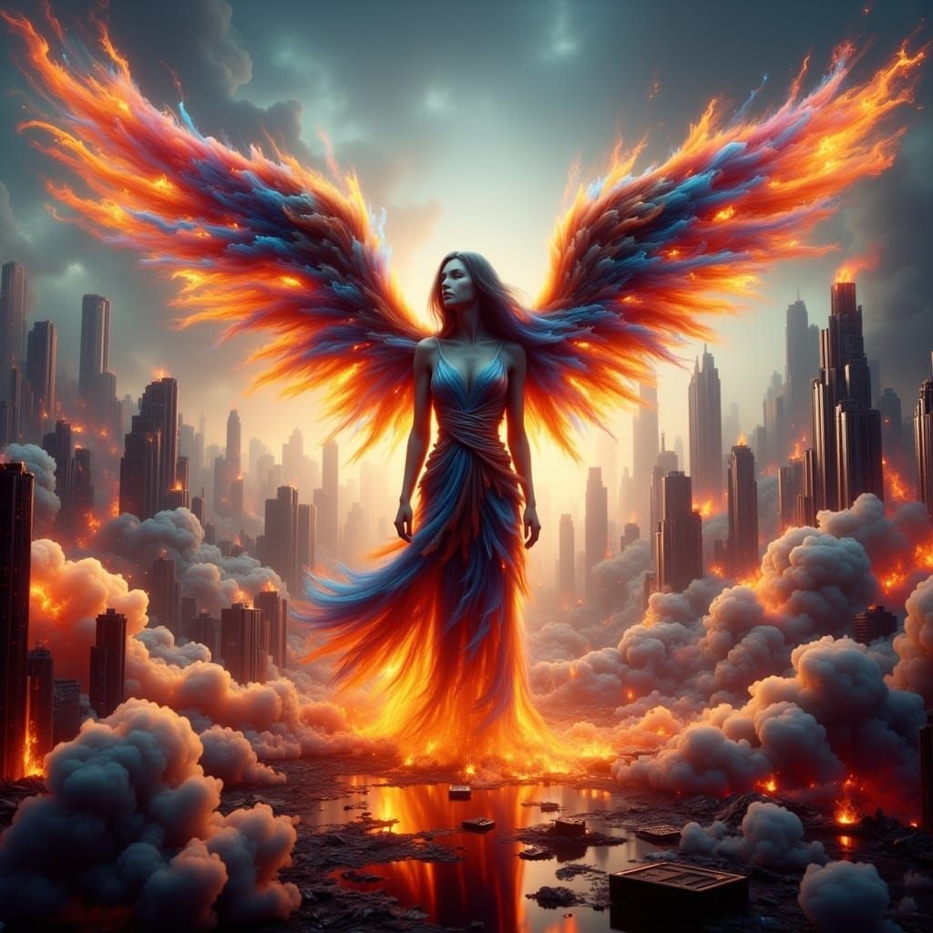 Angel Overseeing Burning City in Fantasy Art Style