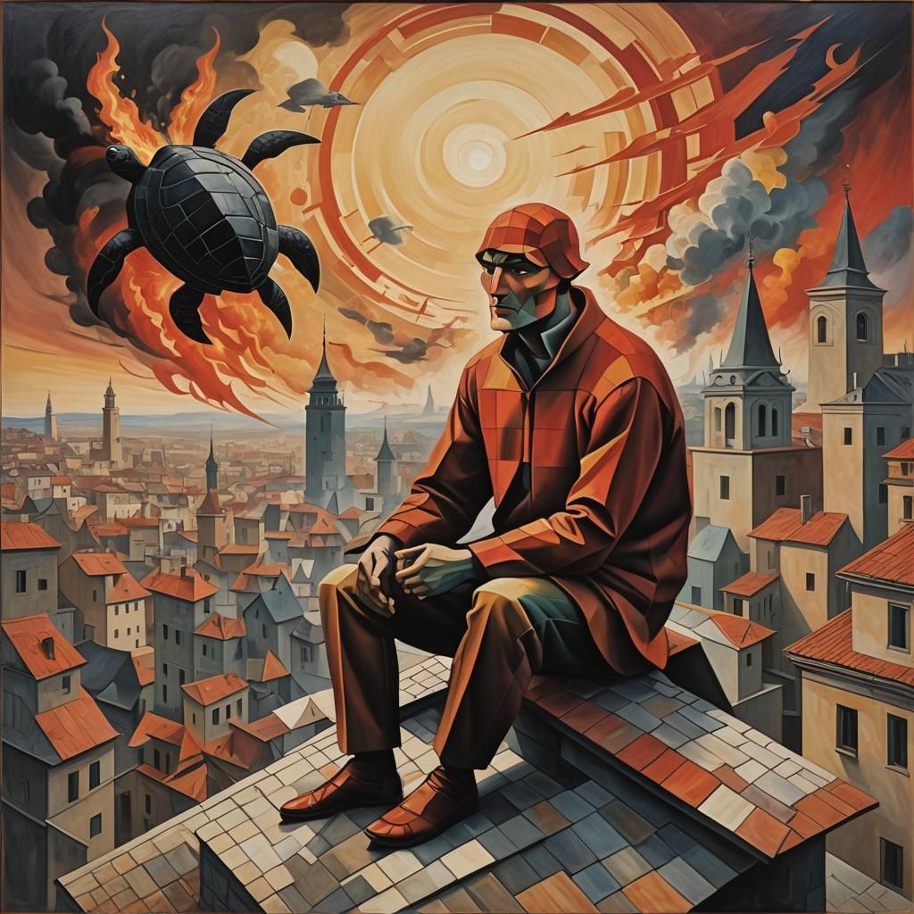 Fractured Man and Turtle Under Fiery Sky, in Cubist Style