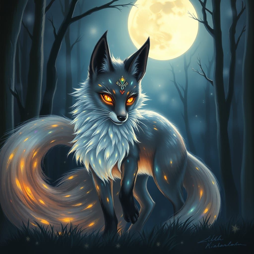 Iridescent Kitsune Glows in Ethereal Forest Painting