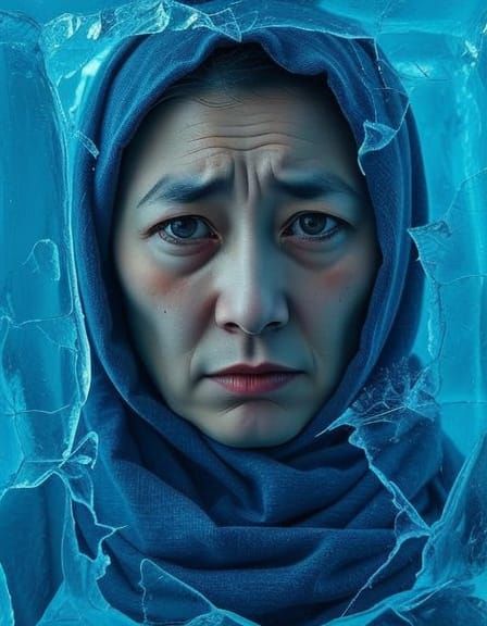 Sad Woman Encased in Ice: Photorealistic Digital Art