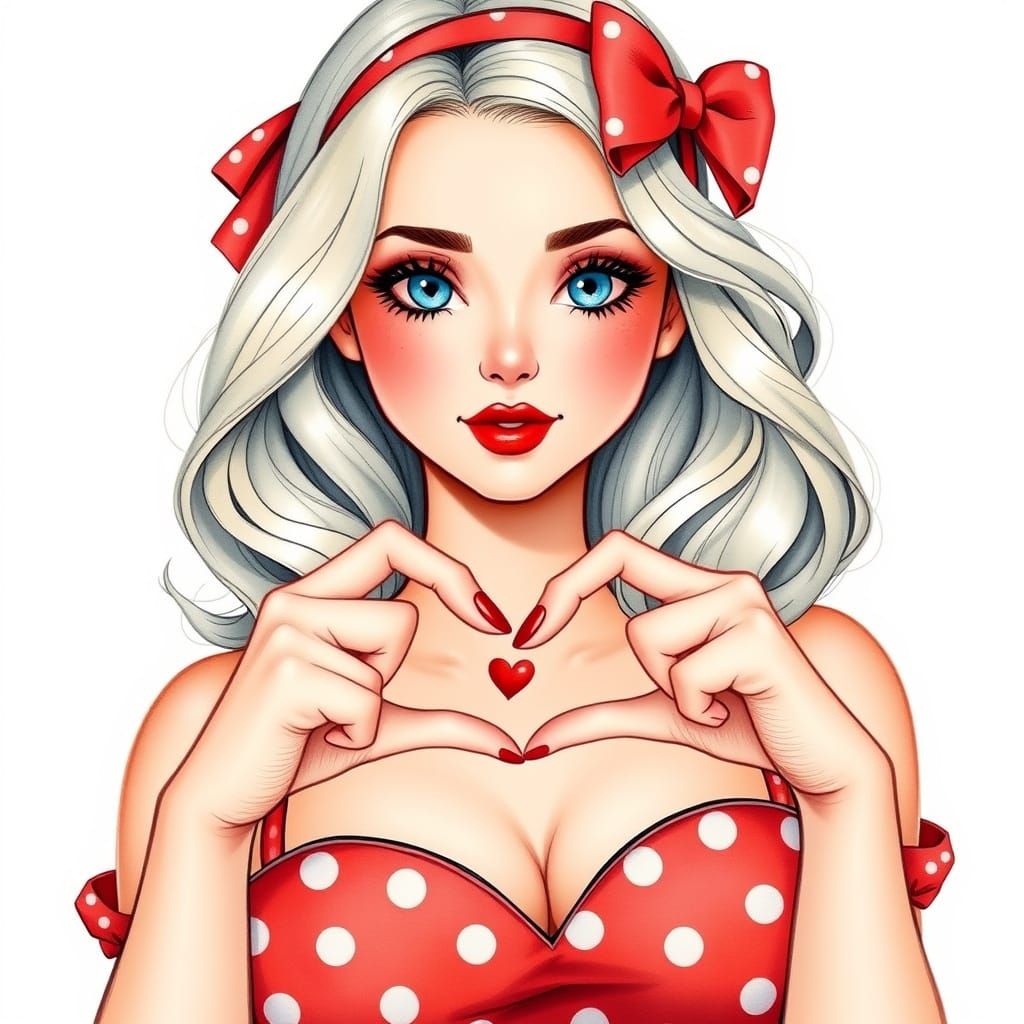 Romantic Pinup Girl Makes Heart Shape with Hands