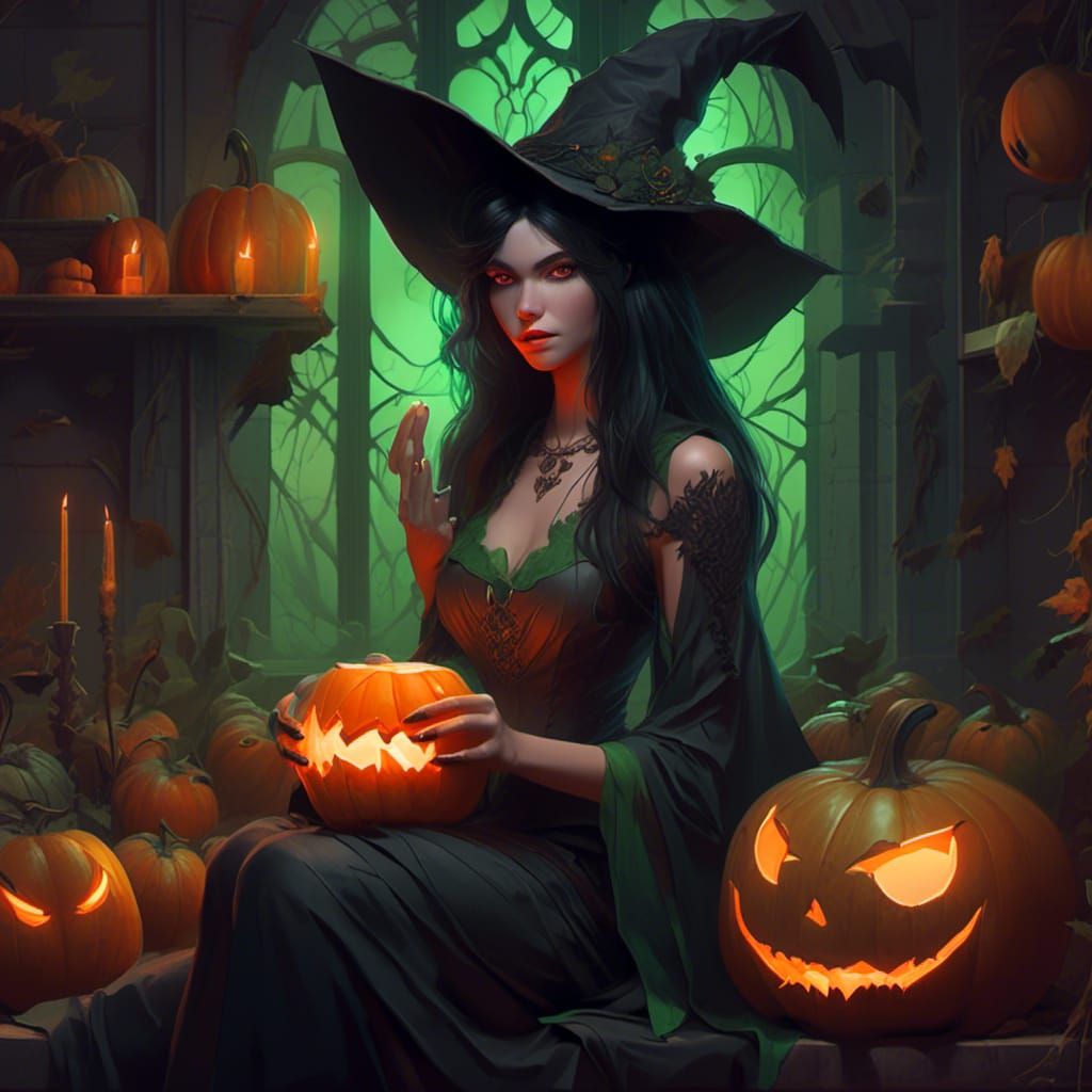 Dark Witch with Pumpkin Eyes Portrait