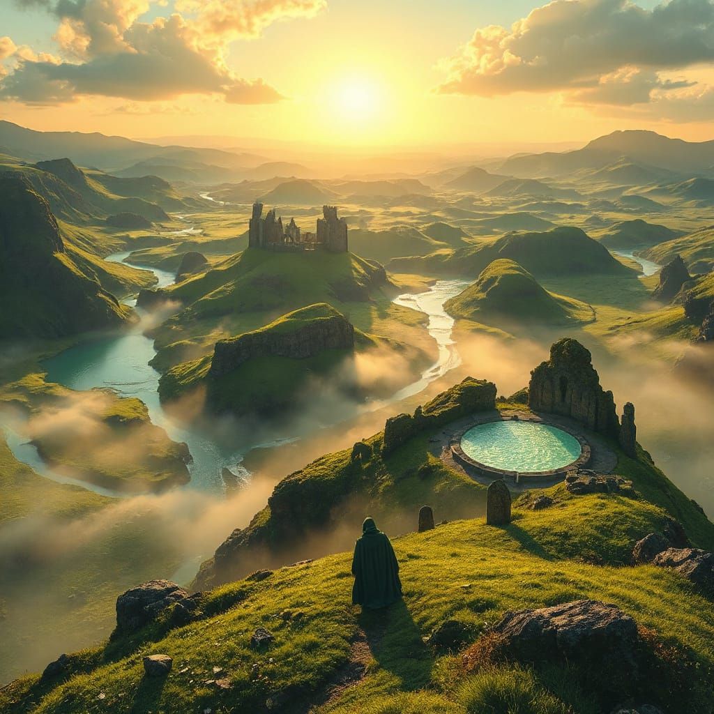 Fantasy Landscape at Sunrise with Ancient Ruins and Crystal ...