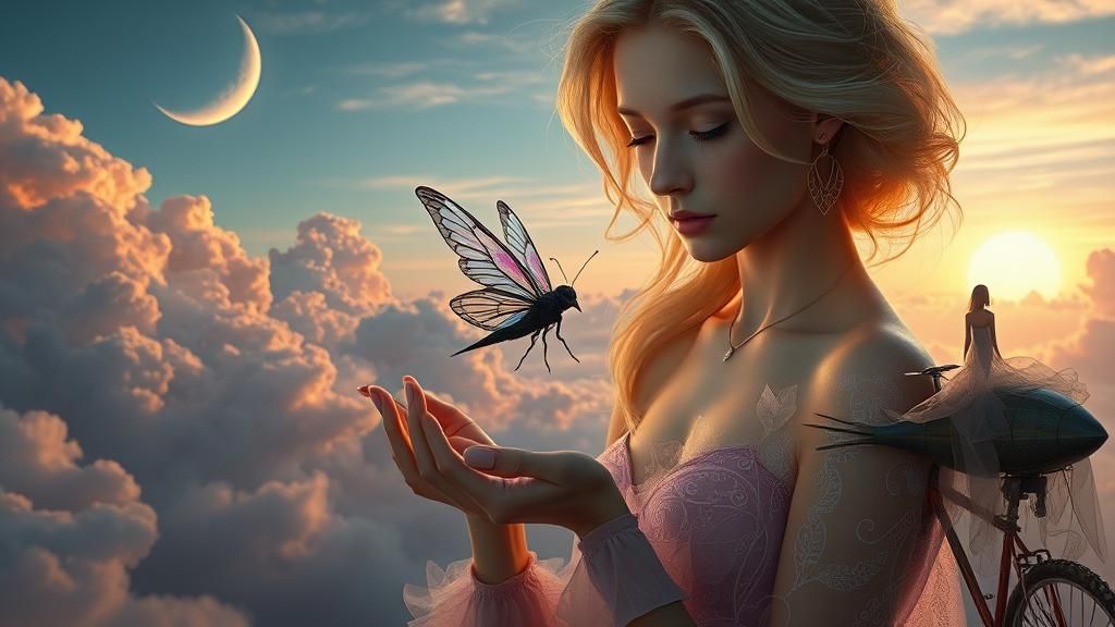 Woman with Fairy in Surreal Dreamscape