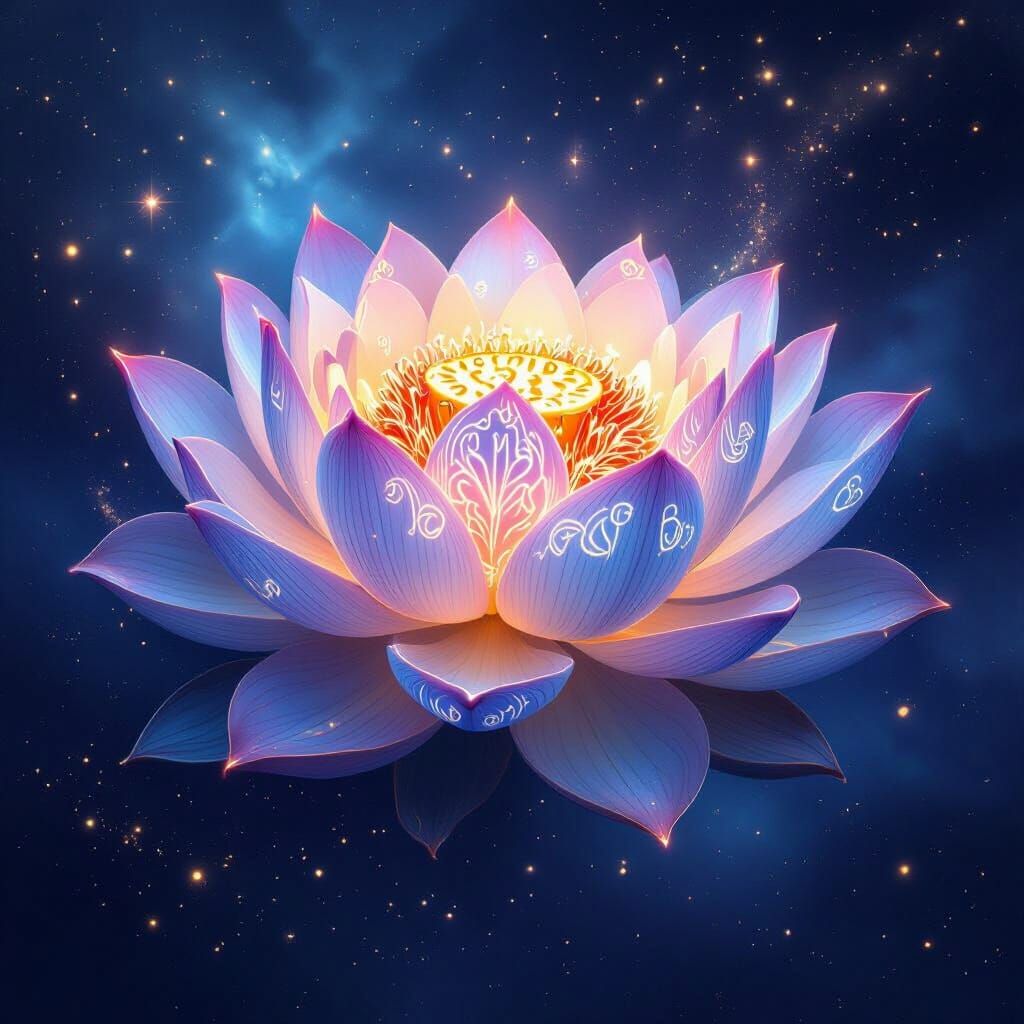 Bioluminescent Lotus Flower Floating in Nebula