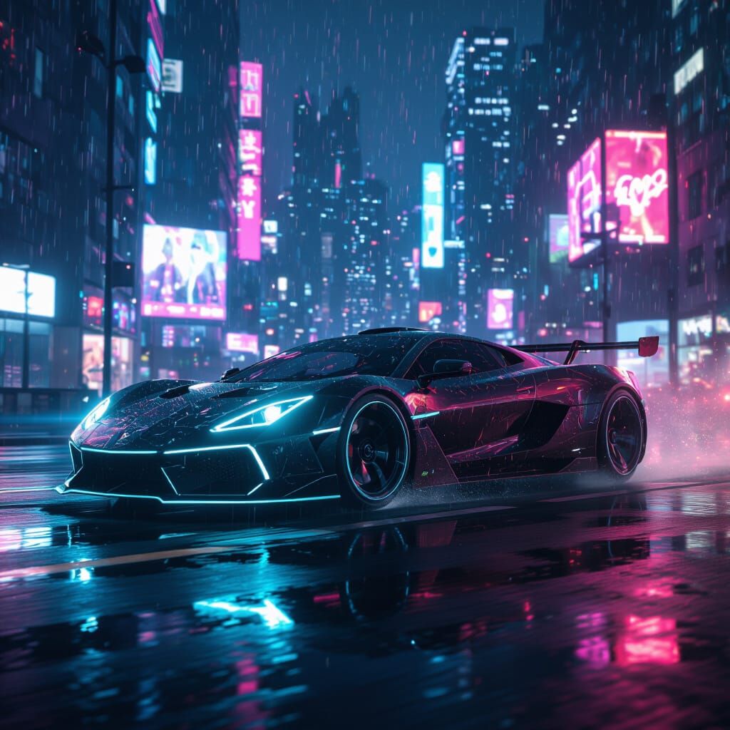 Futuristic Neon Sports Car in Cyberpunk City Night