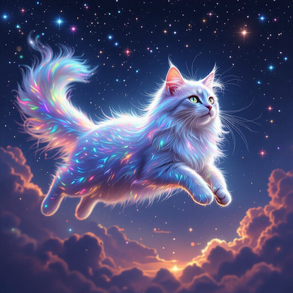 Bioluminescent Cat Floating Through Starry Sky