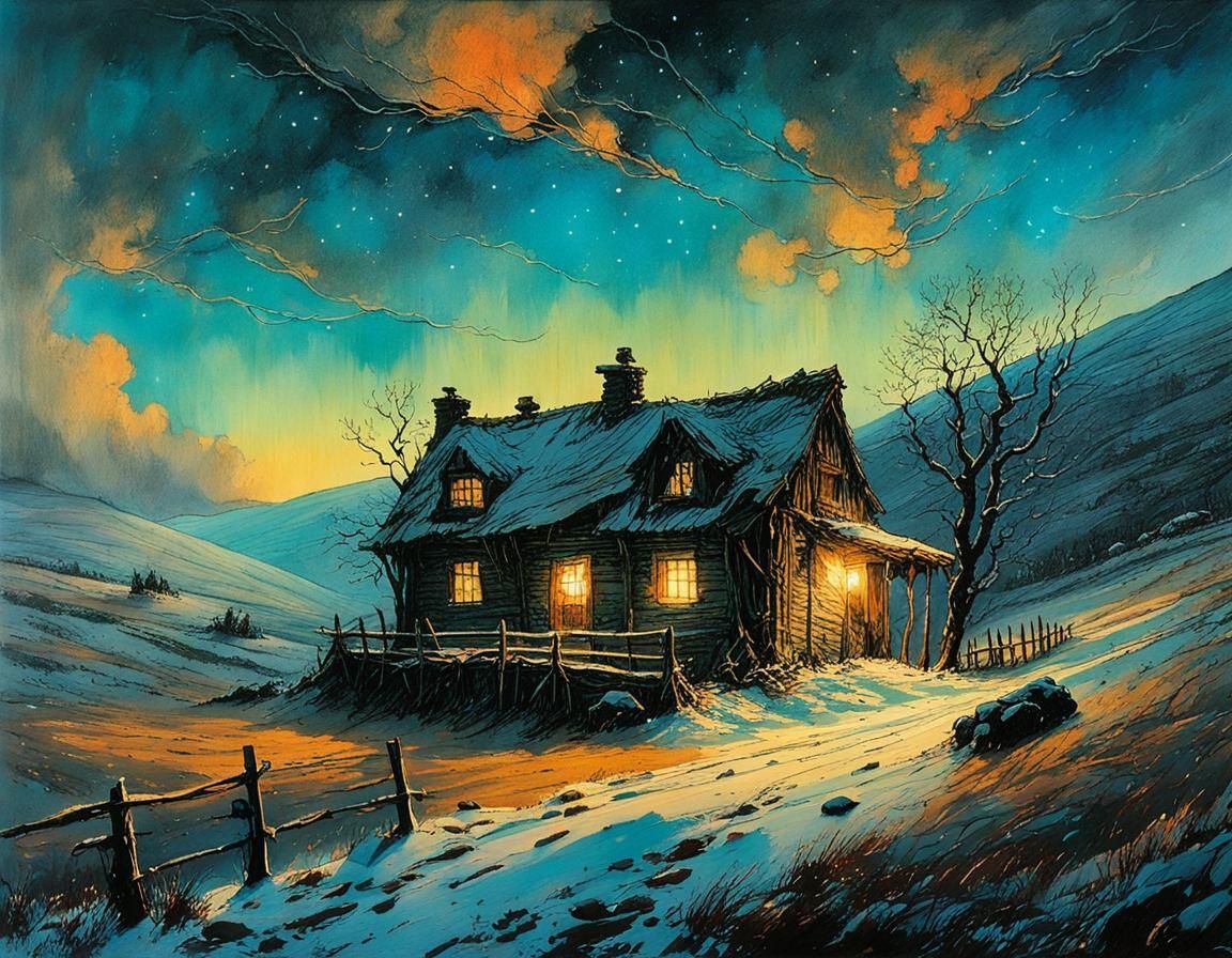 Snowy Night Scene with Cozy House and Lonely Hiker in Myster...