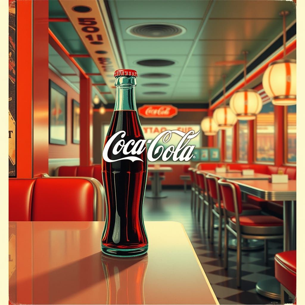 Vintage Coca Cola Advertisement in Retro Futuristic Diner