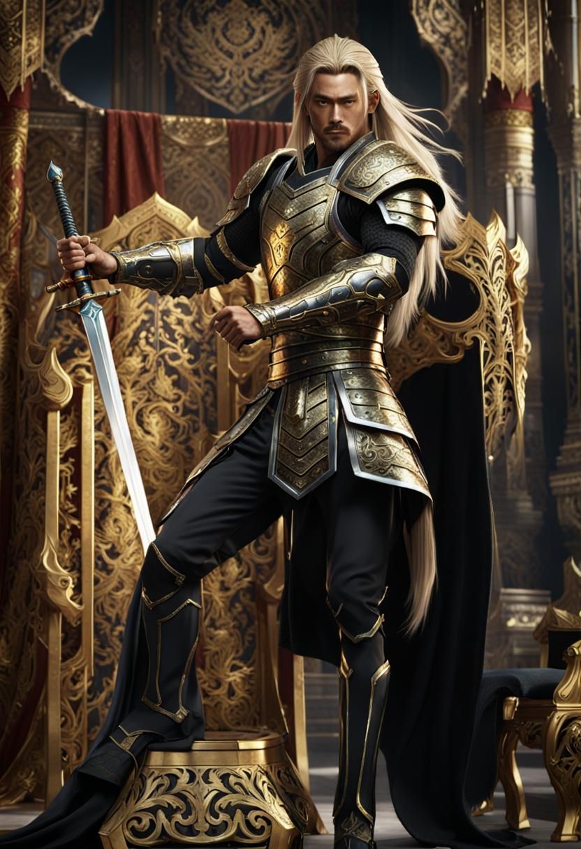 Asian Warrior King with Sword and Throne
