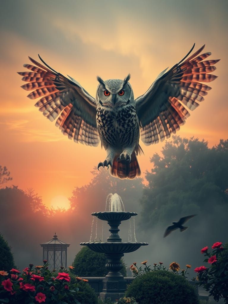 Owl Double Exposure Over Garden in Autochrome Style