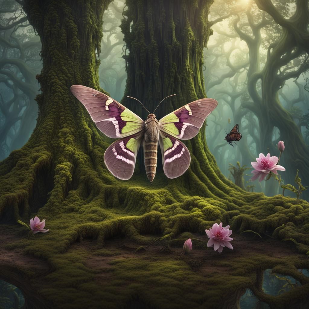 Fig Sphinx Moth Pollinating Ghost Orchid: Digital Matte Pain...