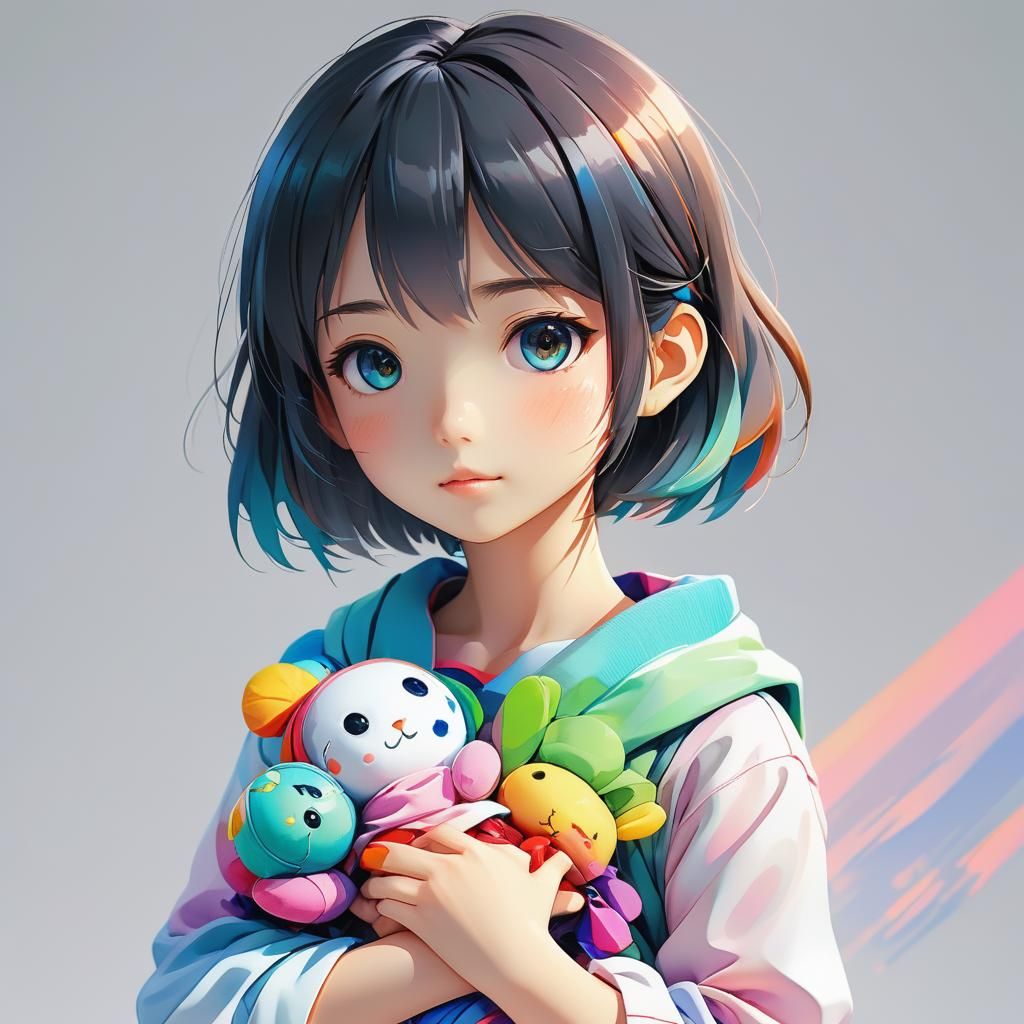 Moe Anime Girl Holding Doll Portrait