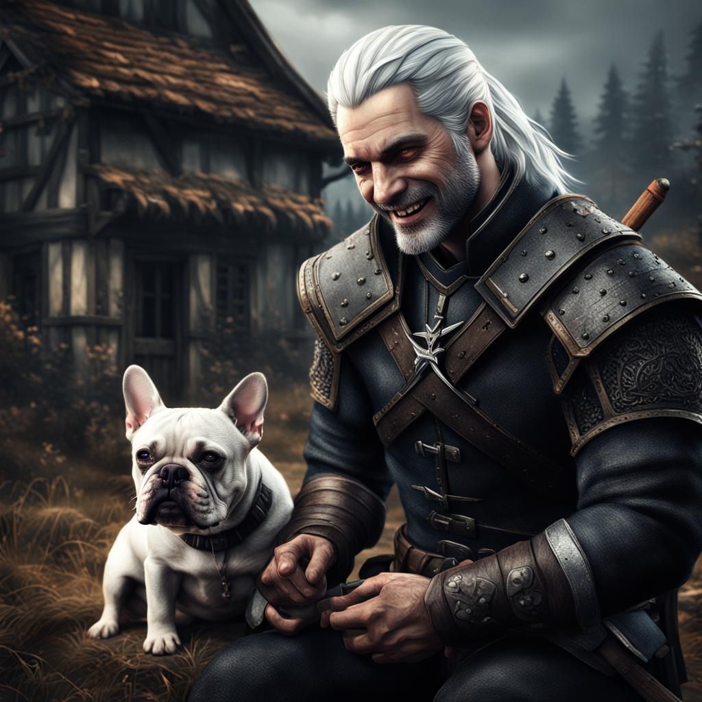 Hyperrealistic Witcher Playing with French Bulldog