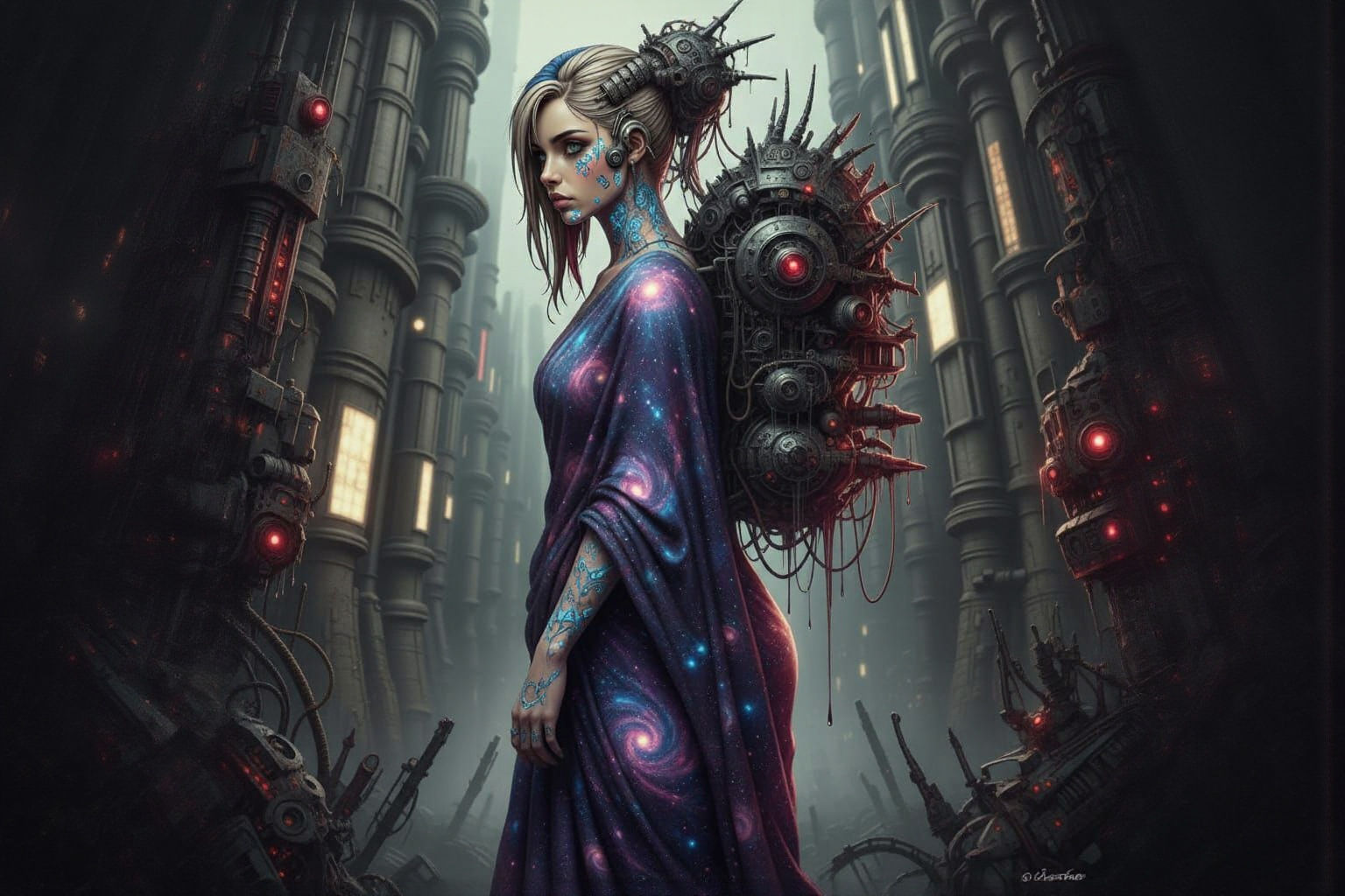 Cyberpunk Woman with Nebula Sari in H.R. Giger Style