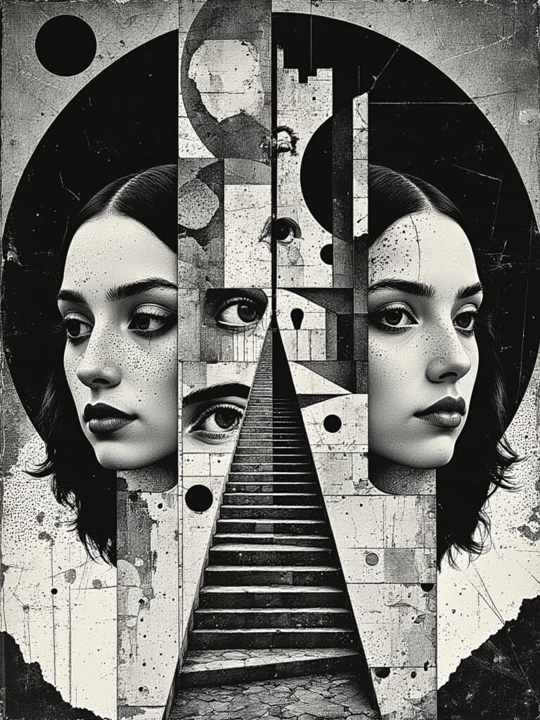 Abstract Geometric Faces in M.C. Escher-Inspired Staircase