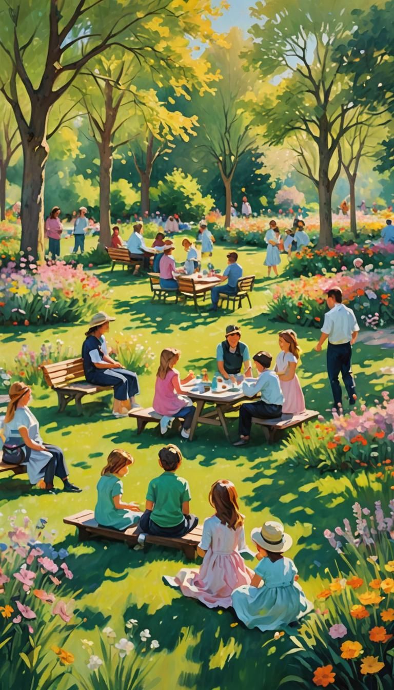 Impressionist Park Garden Scene with People Playing