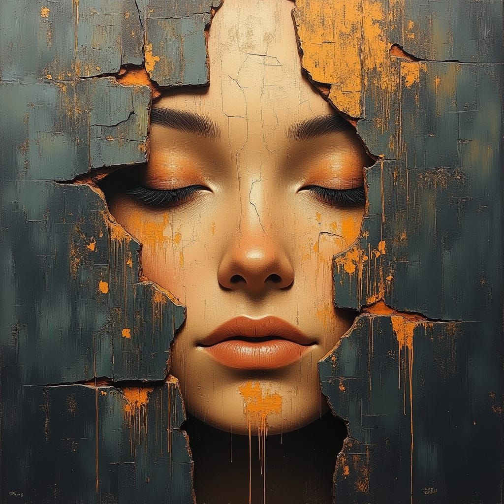 Cracked Face in Ancient Wall, Dramatic Lighting