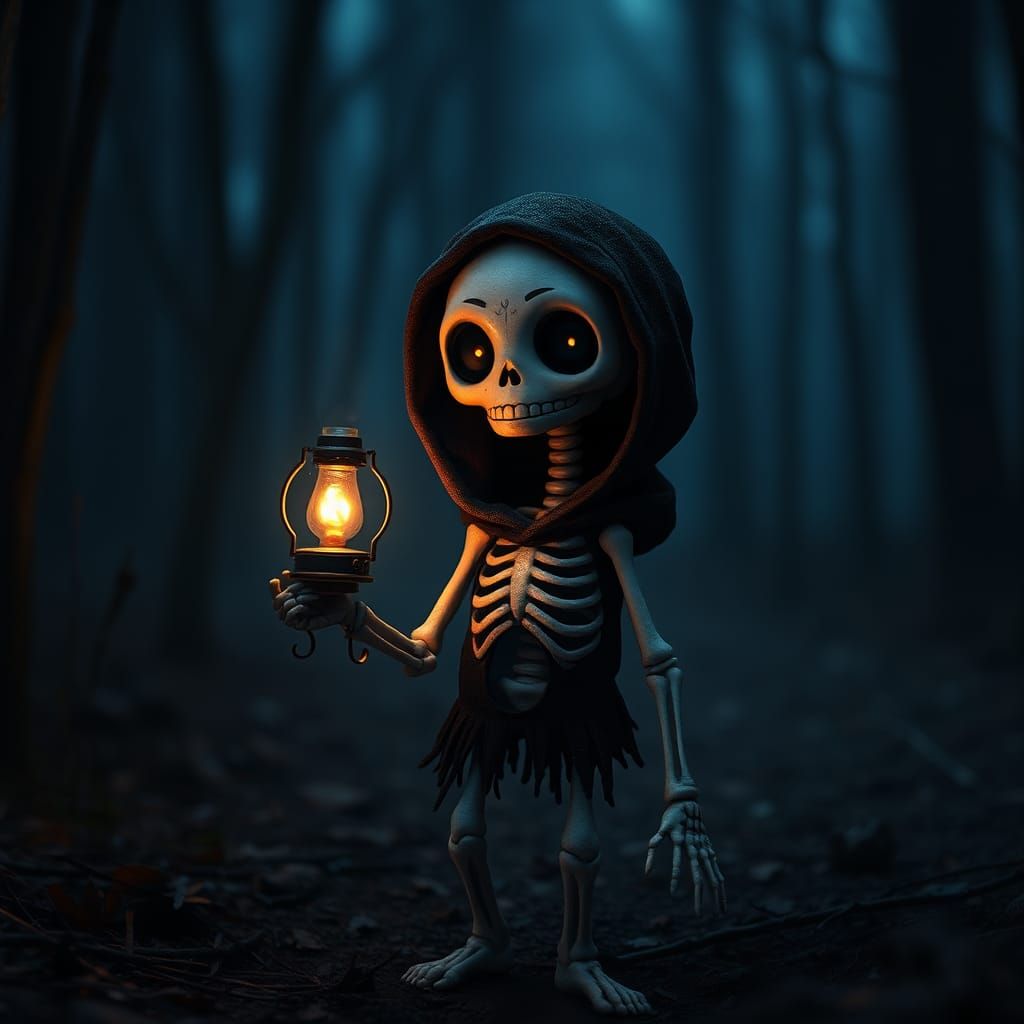 Kawaii Skeleton Walks Dark Forest with Oil Lamp